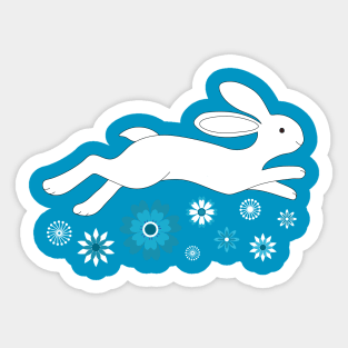 Water Rabbit with Chinese flowers - Lunar New Year - white, teal and navy - by Cecca Designs Sticker